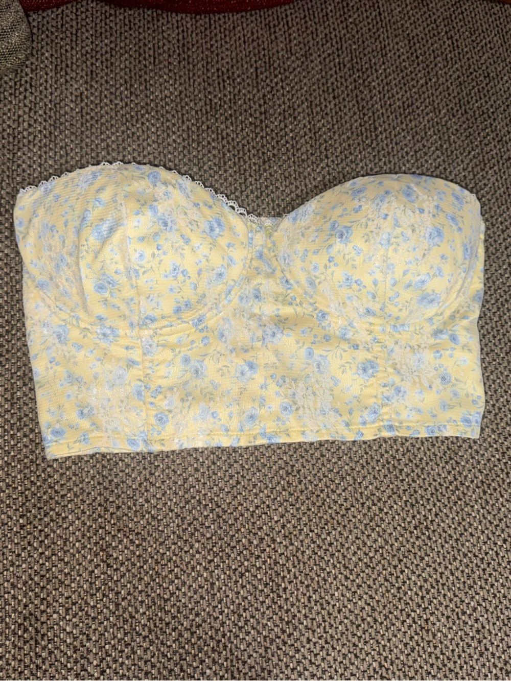Altar'd State Yellow Strapless Floral Crop Top with Blue Accents